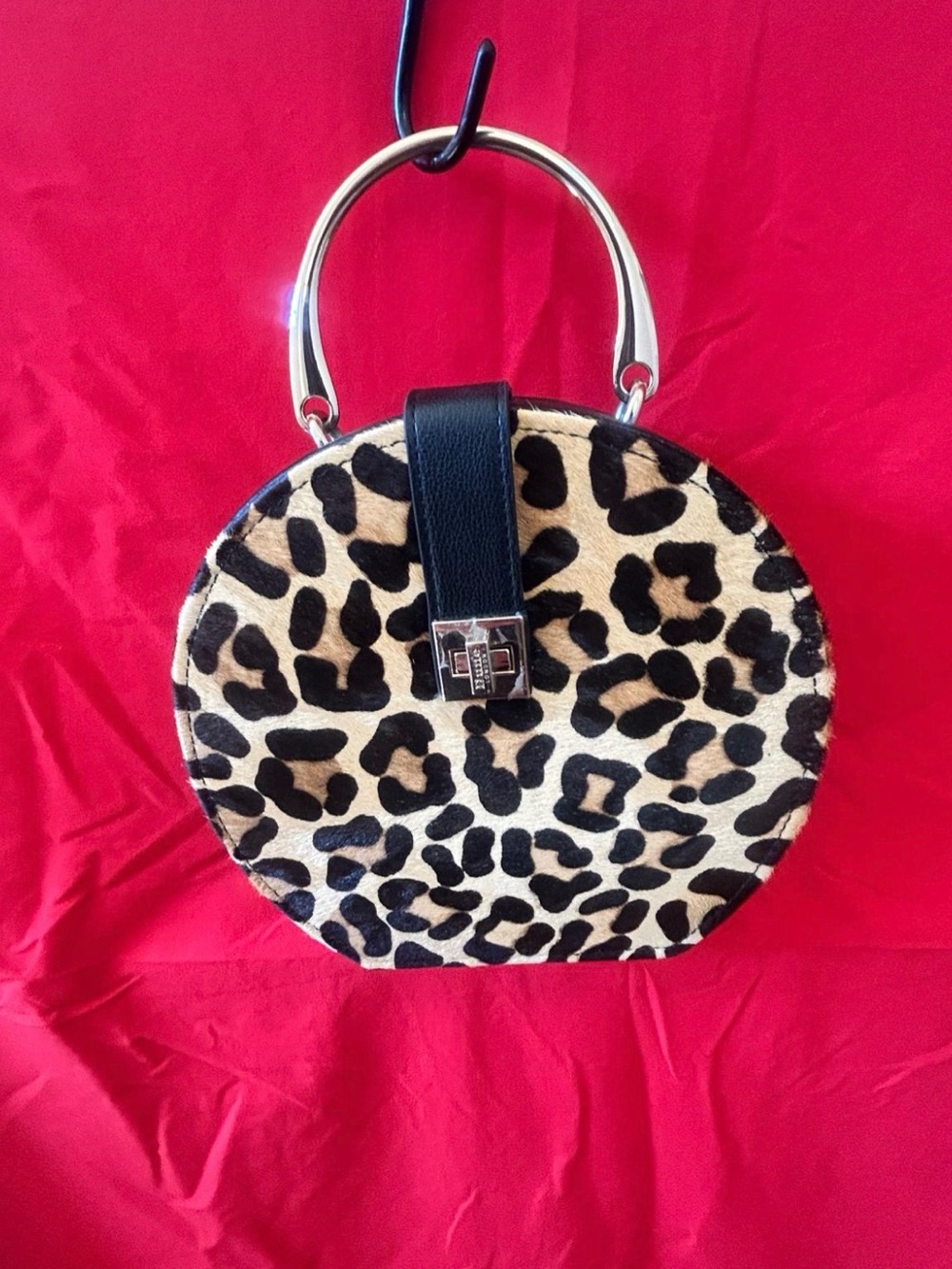 Round Leopard Print Mini Top-Handle Bag with Black Trim